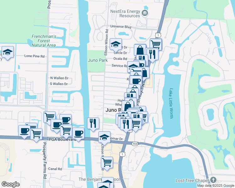 map of restaurants, bars, coffee shops, grocery stores, and more near 1867 Windsor Drive in North Palm Beach