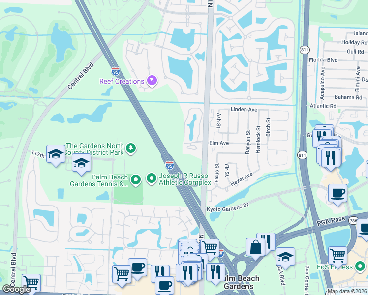 map of restaurants, bars, coffee shops, grocery stores, and more near 21018 Sabal Ridge Court in Palm Beach Gardens