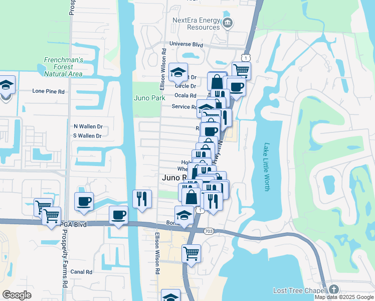 map of restaurants, bars, coffee shops, grocery stores, and more near 1867 Windsor Drive in North Palm Beach