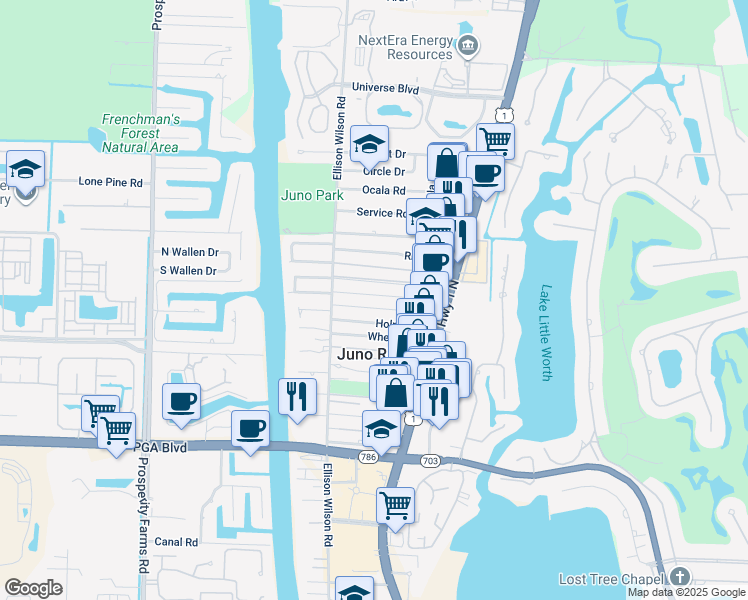 map of restaurants, bars, coffee shops, grocery stores, and more near 1867 Windsor Drive in North Palm Beach