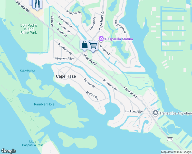 map of restaurants, bars, coffee shops, grocery stores, and more near 325 Spaniards Road in Placida