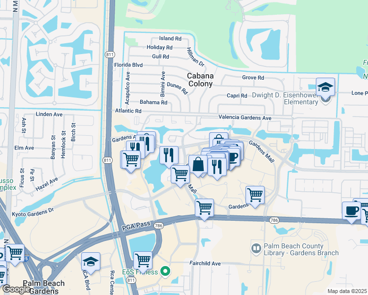 map of restaurants, bars, coffee shops, grocery stores, and more near Fairchild Gardens Avenue & Gardens Parkway in Palm Beach Gardens