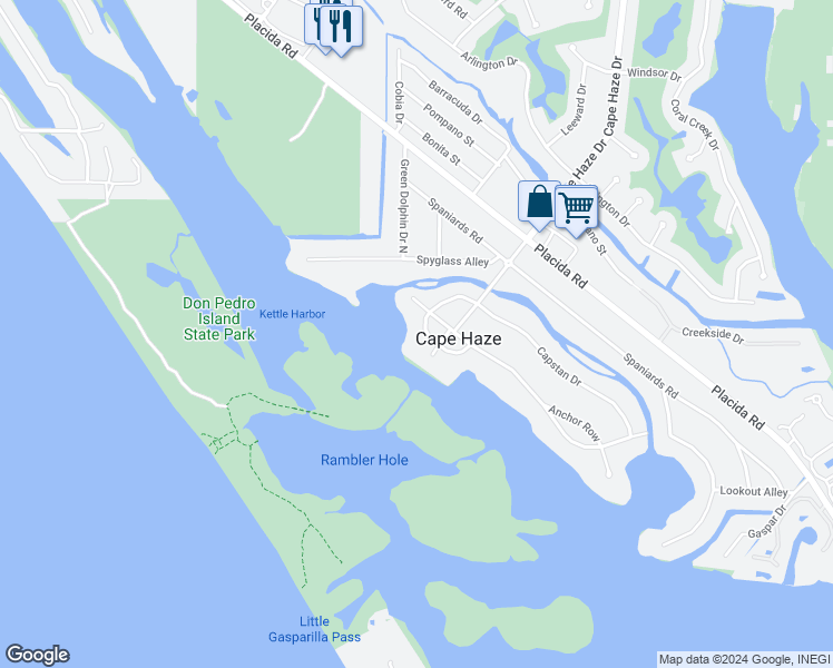 map of restaurants, bars, coffee shops, grocery stores, and more near 80 Buccaneer Bend in Placida
