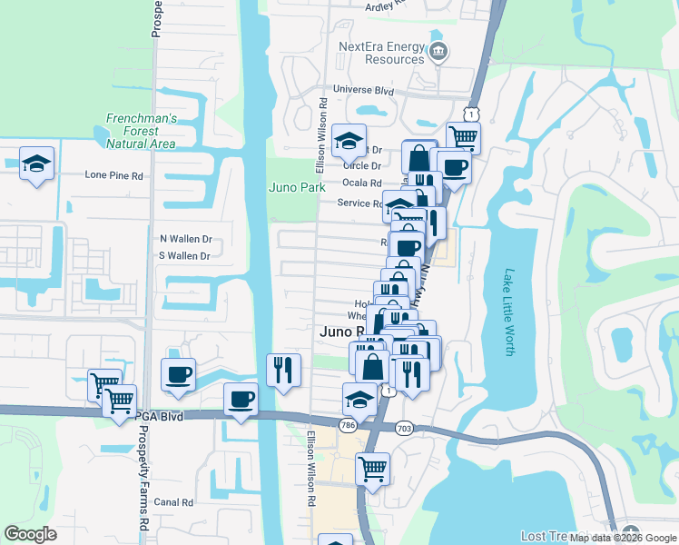 map of restaurants, bars, coffee shops, grocery stores, and more near 1867 Windsor Drive in North Palm Beach