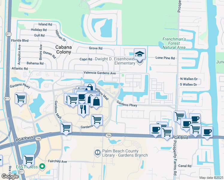 map of restaurants, bars, coffee shops, grocery stores, and more near Gardens Parkway in Palm Beach Gardens