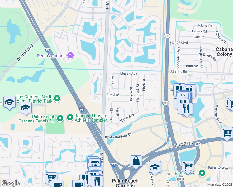 map of restaurants, bars, coffee shops, grocery stores, and more near 6021 Edgemere Court in Palm Beach Gardens
