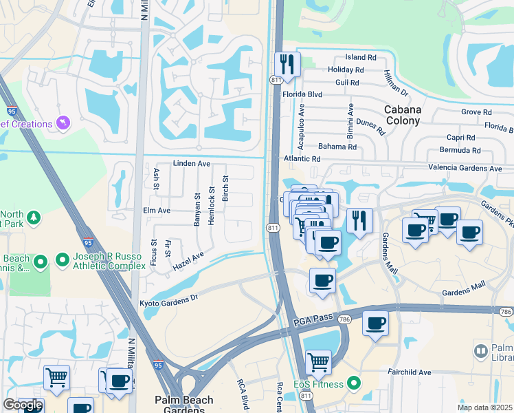 map of restaurants, bars, coffee shops, grocery stores, and more near 11752 Cottonwood Avenue in Palm Beach Gardens