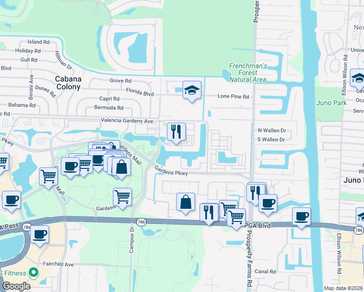 map of restaurants, bars, coffee shops, grocery stores, and more near 2804 Sarento Place in Palm Beach Gardens