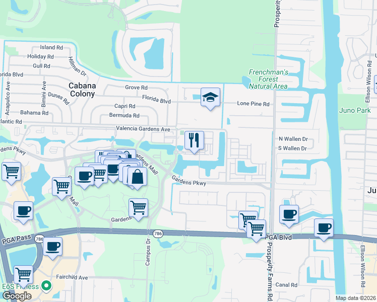 map of restaurants, bars, coffee shops, grocery stores, and more near 2810 Amalei Drive in Palm Beach Gardens