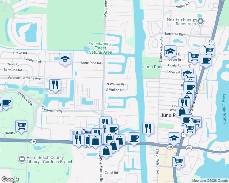 map of restaurants, bars, coffee shops, grocery stores, and more near 2373 South Wallen Drive in West Palm Beach