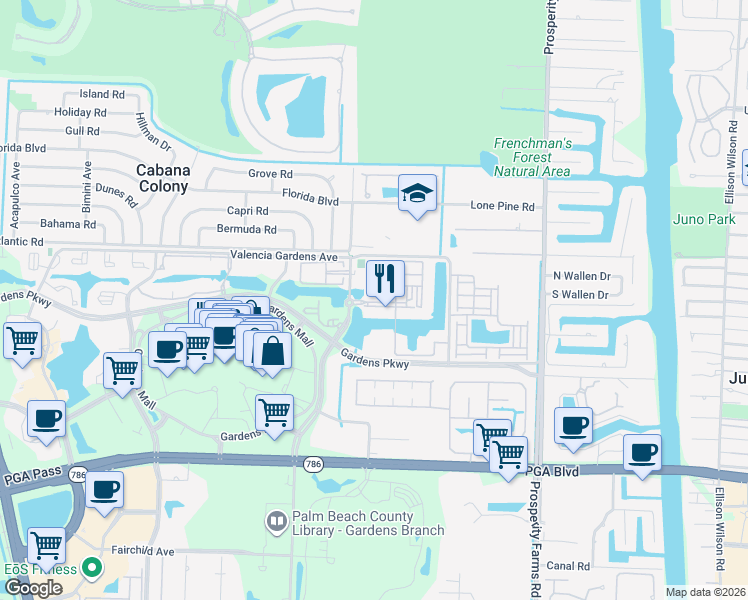 map of restaurants, bars, coffee shops, grocery stores, and more near 2810 Amalei Drive in Palm Beach Gardens