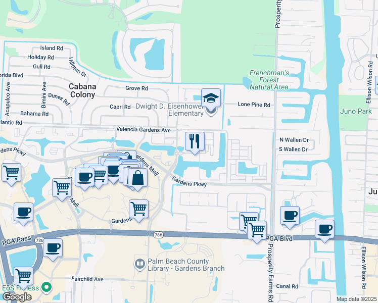 map of restaurants, bars, coffee shops, grocery stores, and more near 2727 Anzio Court in Palm Beach Gardens