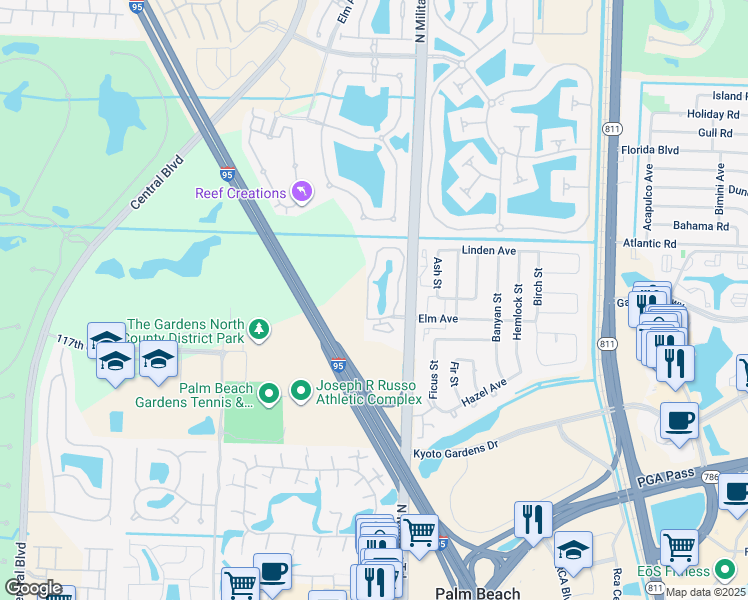 map of restaurants, bars, coffee shops, grocery stores, and more near 201 Sabal Ridge Circle in Palm Beach Gardens