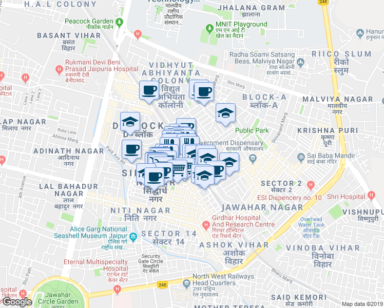 map of restaurants, bars, coffee shops, grocery stores, and more near Pradhan Marg in Jaipur