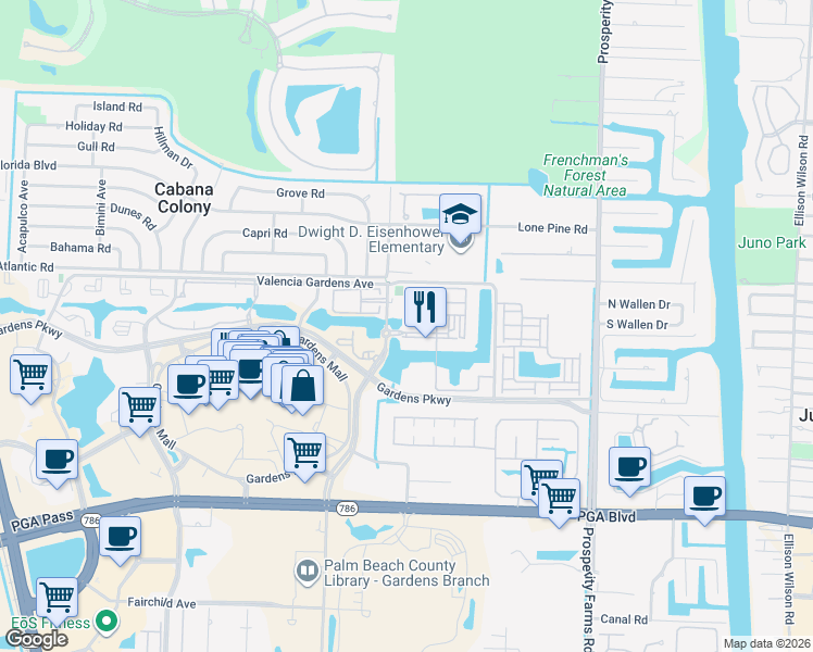 map of restaurants, bars, coffee shops, grocery stores, and more near 2810 Amalei Drive in Palm Beach Gardens