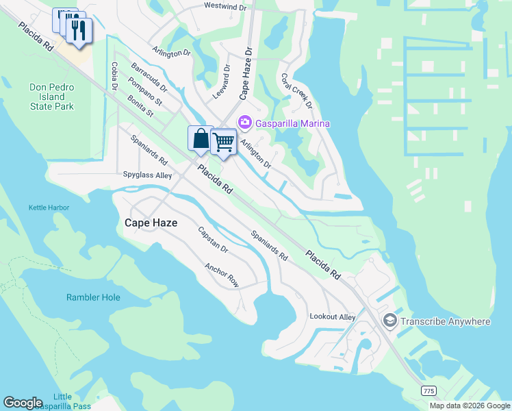 map of restaurants, bars, coffee shops, grocery stores, and more near 10071 Creekside Drive in Placida
