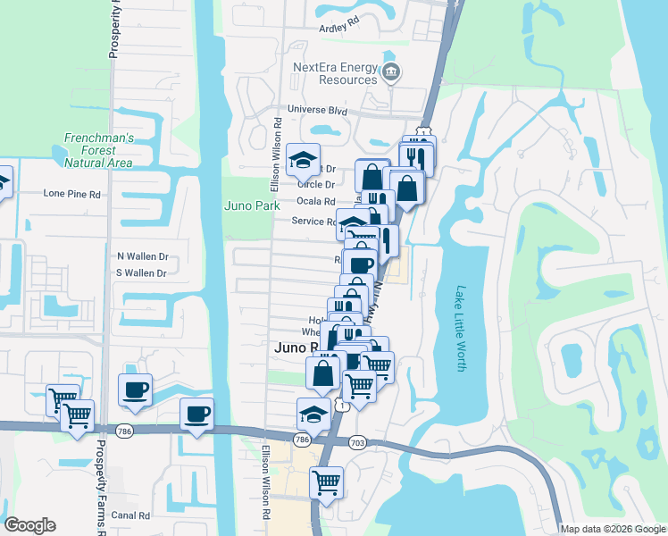 map of restaurants, bars, coffee shops, grocery stores, and more near 1767 Len Drive in North Palm Beach