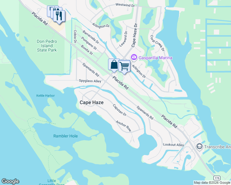 map of restaurants, bars, coffee shops, grocery stores, and more near 235 Spaniards Road in Placida