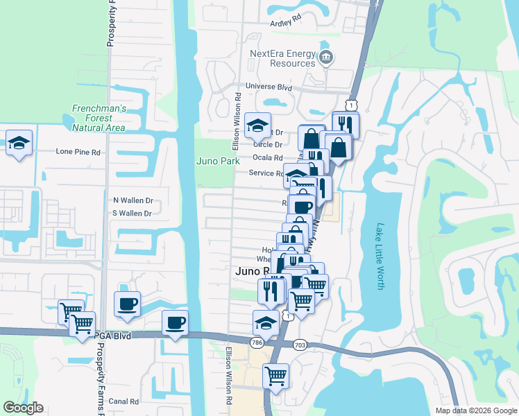 map of restaurants, bars, coffee shops, grocery stores, and more near 1881 Len Dr in North Palm Beach