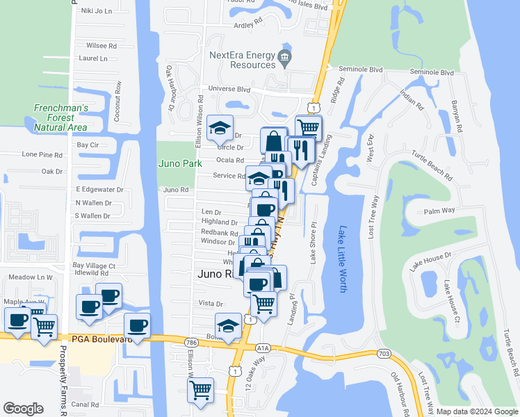 map of restaurants, bars, coffee shops, grocery stores, and more near 11951 U.S. 1 in North Palm Beach