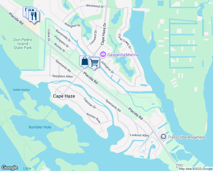 map of restaurants, bars, coffee shops, grocery stores, and more near 9495 Placida Road in Cape Haze