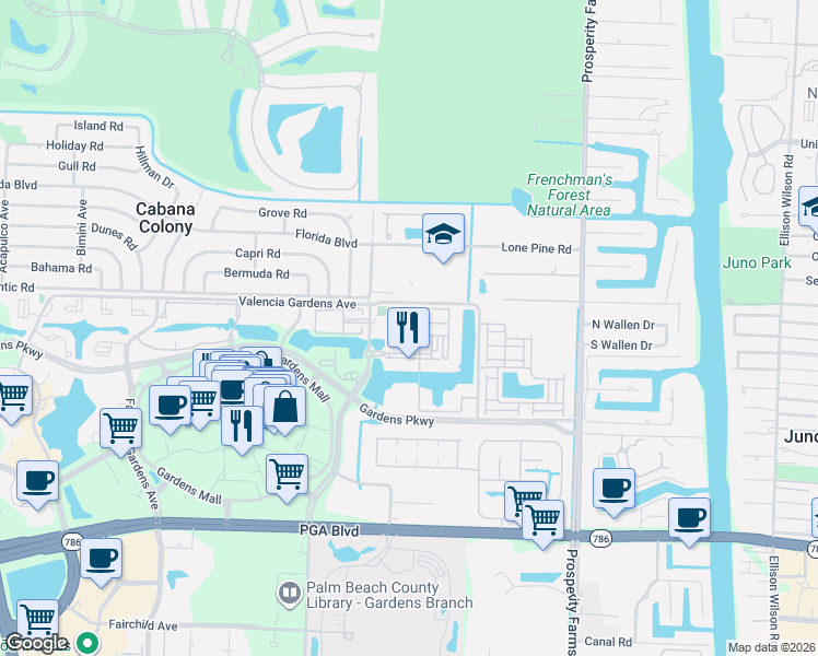 map of restaurants, bars, coffee shops, grocery stores, and more near 2810 Amalei Drive in Palm Beach Gardens