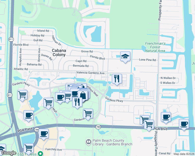 map of restaurants, bars, coffee shops, grocery stores, and more near 3021 Alcazar Place in Palm Beach Gardens