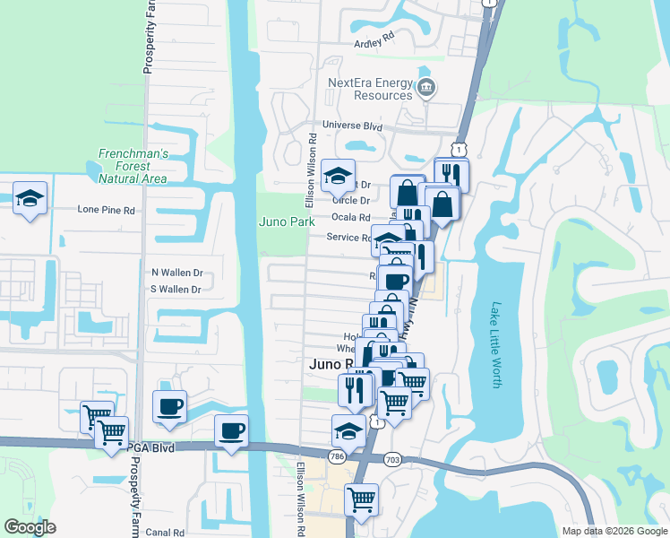 map of restaurants, bars, coffee shops, grocery stores, and more near 1881 Len Drive in North Palm Beach