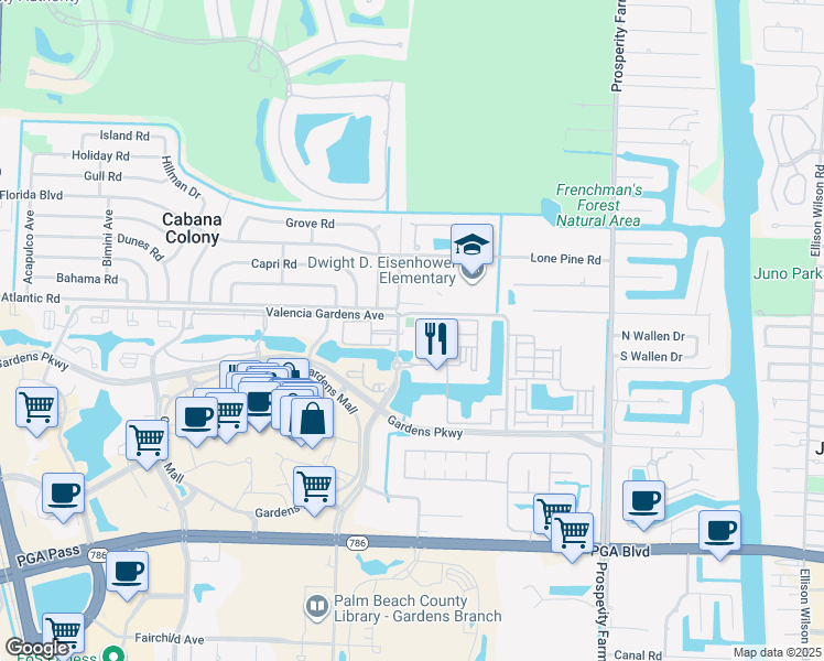 map of restaurants, bars, coffee shops, grocery stores, and more near 2803 Sarento Place in Palm Beach Gardens