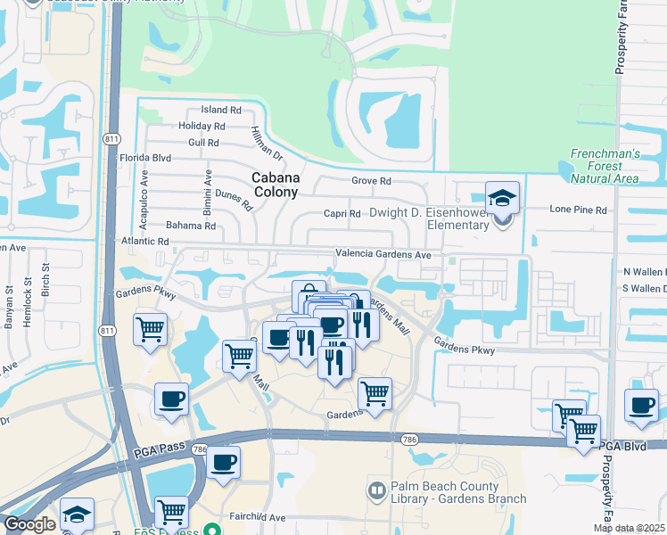 map of restaurants, bars, coffee shops, grocery stores, and more near 3400 Masterpiece Way in Palm Beach Gardens