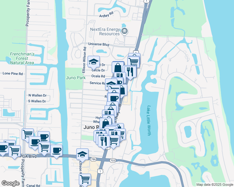 map of restaurants, bars, coffee shops, grocery stores, and more near 12189 U.S. 1 in North Palm Beach