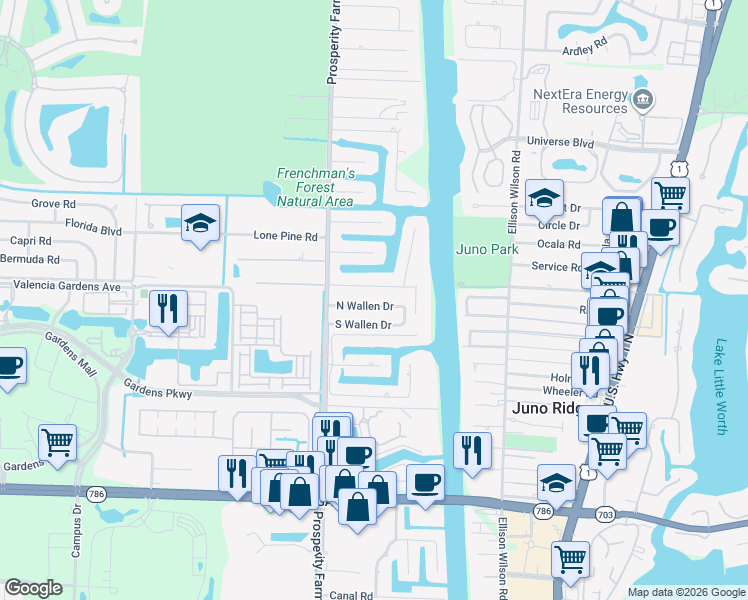 map of restaurants, bars, coffee shops, grocery stores, and more near 2367 East Edgewater Drive in Palm Beach Gardens