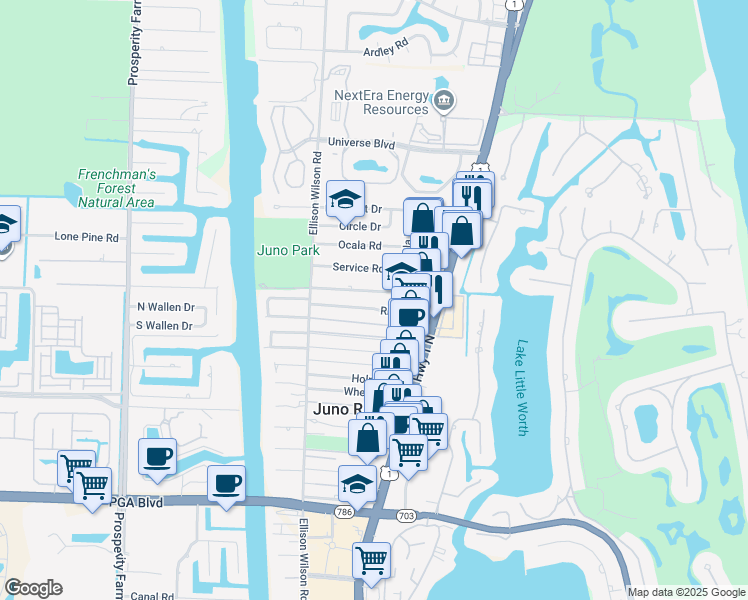 map of restaurants, bars, coffee shops, grocery stores, and more near 1815 Juno Road in North Palm Beach