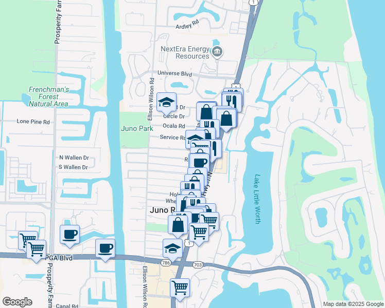 map of restaurants, bars, coffee shops, grocery stores, and more near 1815 Juno Road in North Palm Beach
