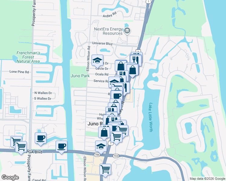 map of restaurants, bars, coffee shops, grocery stores, and more near 1815 Juno Road in North Palm Beach