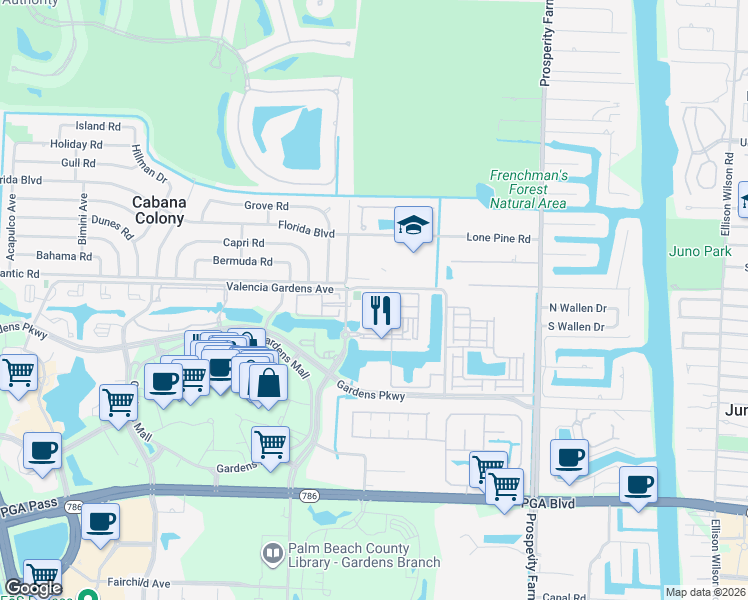 map of restaurants, bars, coffee shops, grocery stores, and more near 13 Easterly Avenue in Palm Beach Gardens