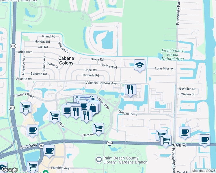 map of restaurants, bars, coffee shops, grocery stores, and more near 3108 Capri Road in Palm Beach Gardens
