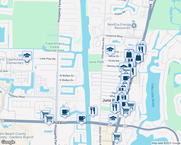 map of restaurants, bars, coffee shops, grocery stores, and more near 2107 North Palm Circle in North Palm Beach