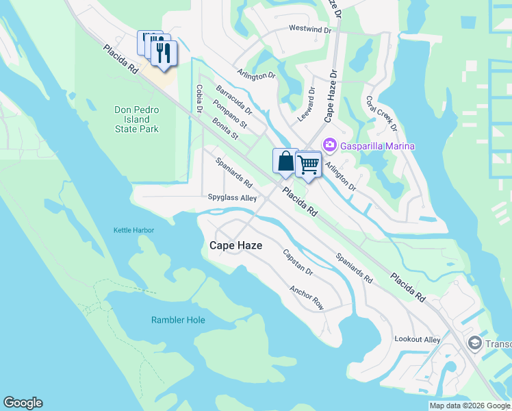 map of restaurants, bars, coffee shops, grocery stores, and more near 195 Spyglass Alley in Placida