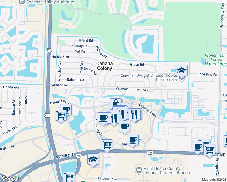 map of restaurants, bars, coffee shops, grocery stores, and more near 3394 Bermuda Road in Palm Beach Gardens