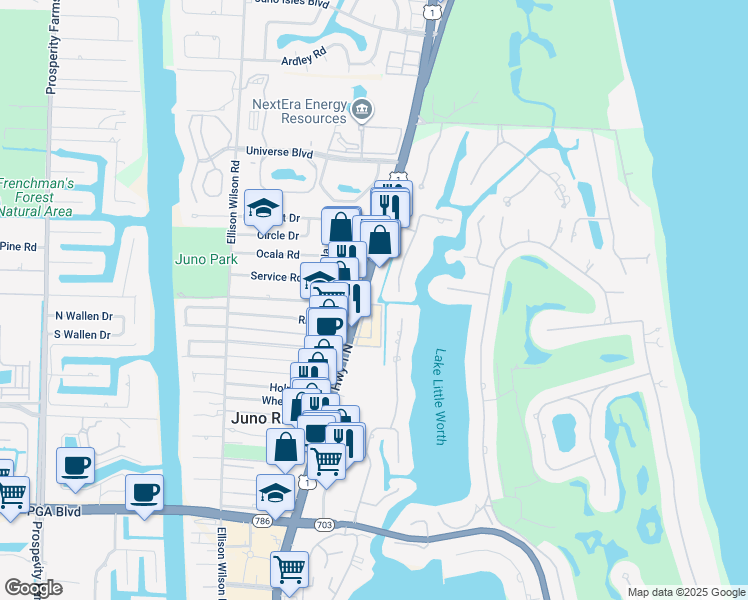 map of restaurants, bars, coffee shops, grocery stores, and more near 12050 U.S. 1 in North Palm Beach