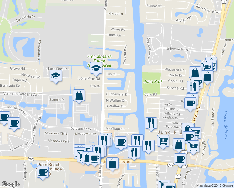 map of restaurants, bars, coffee shops, grocery stores, and more near 2367 East Edgewater Drive in Palm Beach Gardens