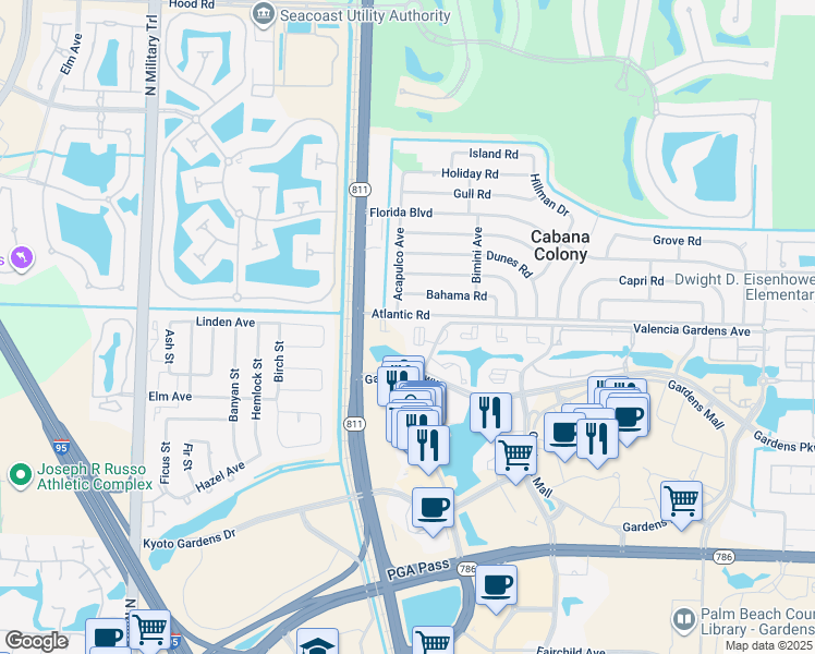 map of restaurants, bars, coffee shops, grocery stores, and more near 3502 Marigold Court in Palm Beach Gardens