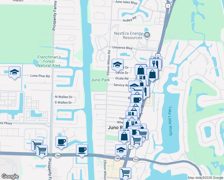 map of restaurants, bars, coffee shops, grocery stores, and more near 1955 Juno Road in North Palm Beach