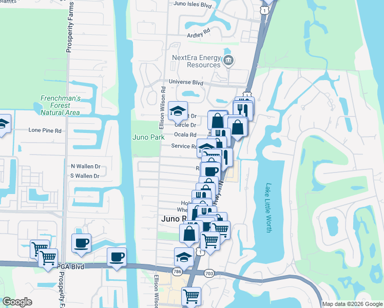 map of restaurants, bars, coffee shops, grocery stores, and more near 1815 Juno Road in North Palm Beach