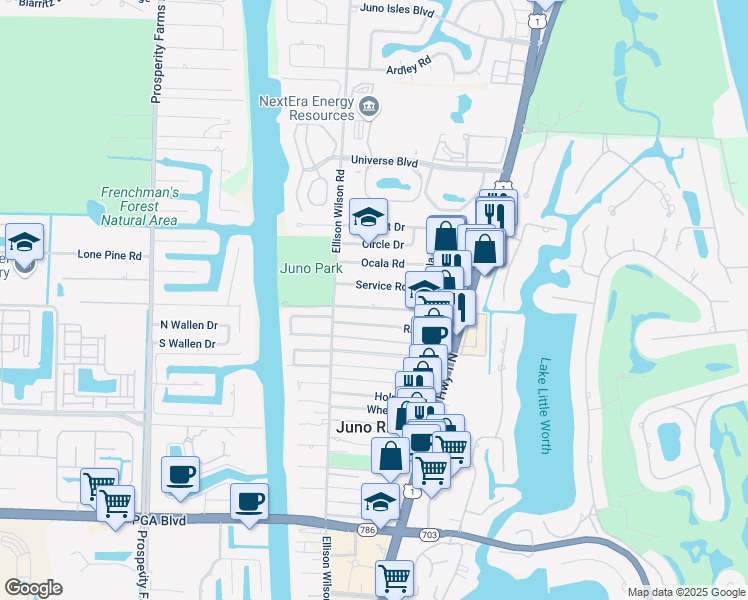 map of restaurants, bars, coffee shops, grocery stores, and more near 1887 Juno Road in North Palm Beach