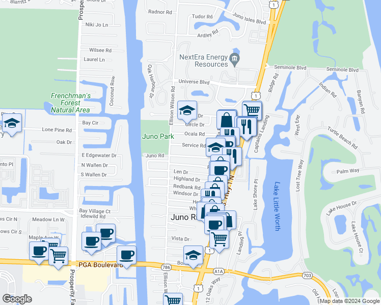 map of restaurants, bars, coffee shops, grocery stores, and more near 1887 Juno Road in North Palm Beach