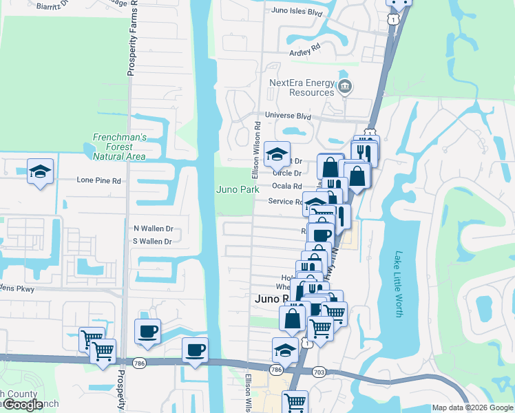 map of restaurants, bars, coffee shops, grocery stores, and more near 12030 Ellison Wilson Road in North Palm Beach