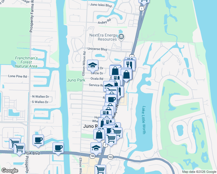 map of restaurants, bars, coffee shops, grocery stores, and more near 1815 Juno Road in North Palm Beach