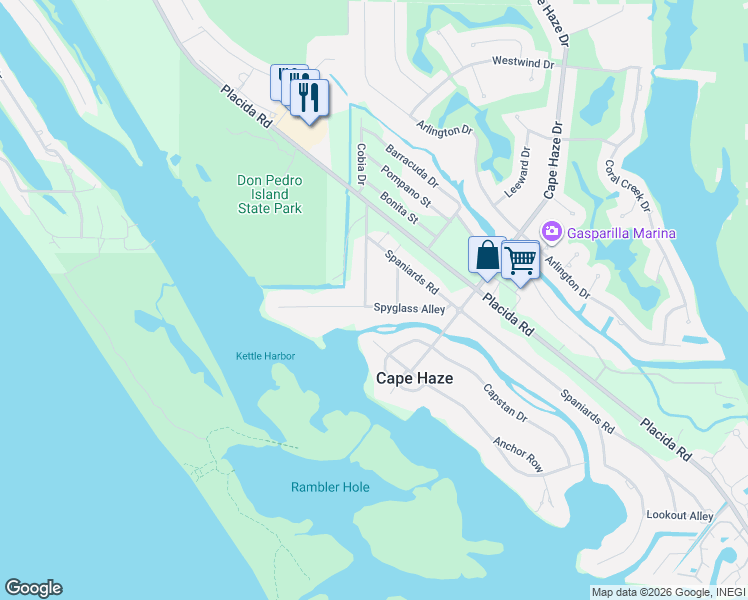 map of restaurants, bars, coffee shops, grocery stores, and more near 100 Green Dolphin Drive North in Placida